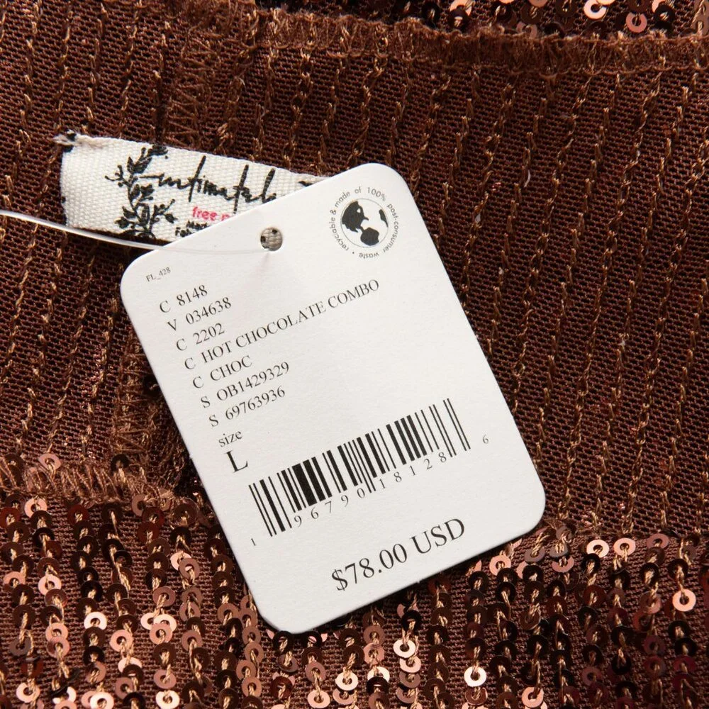 Free People Rush Top Long Sleeve Sequin Shirt Hot Chocolate Brown Size Large New - Picture 3 of 7